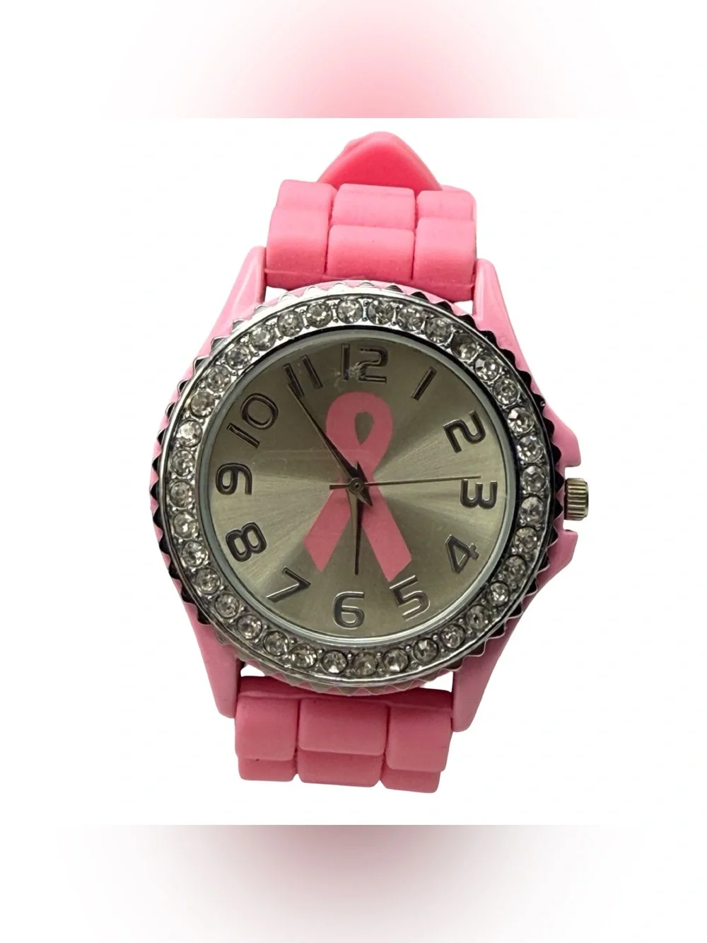 Geneva Breast Cancer Awareness Pink Ribbon Watch Crystal Bezel Silicone Band